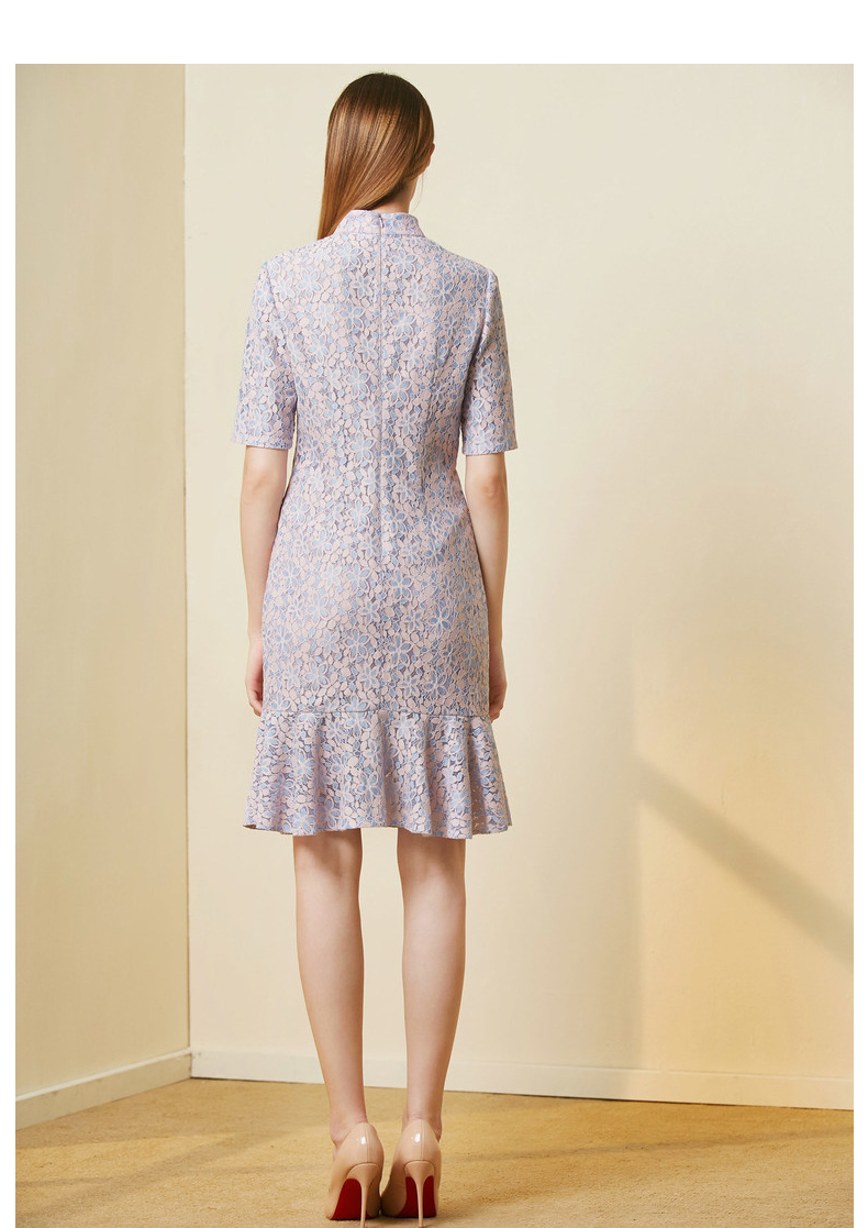 欧柏兰奴女装中国风盘扣立领优雅中长款蕾丝连衣裙鱼尾裙女