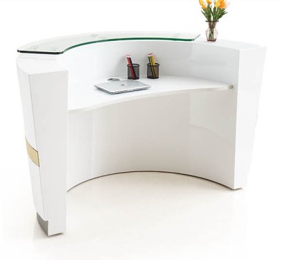 淮木半圆型前台弧形圆边吧台办公玻璃接待台白色烤漆金色服务台180高