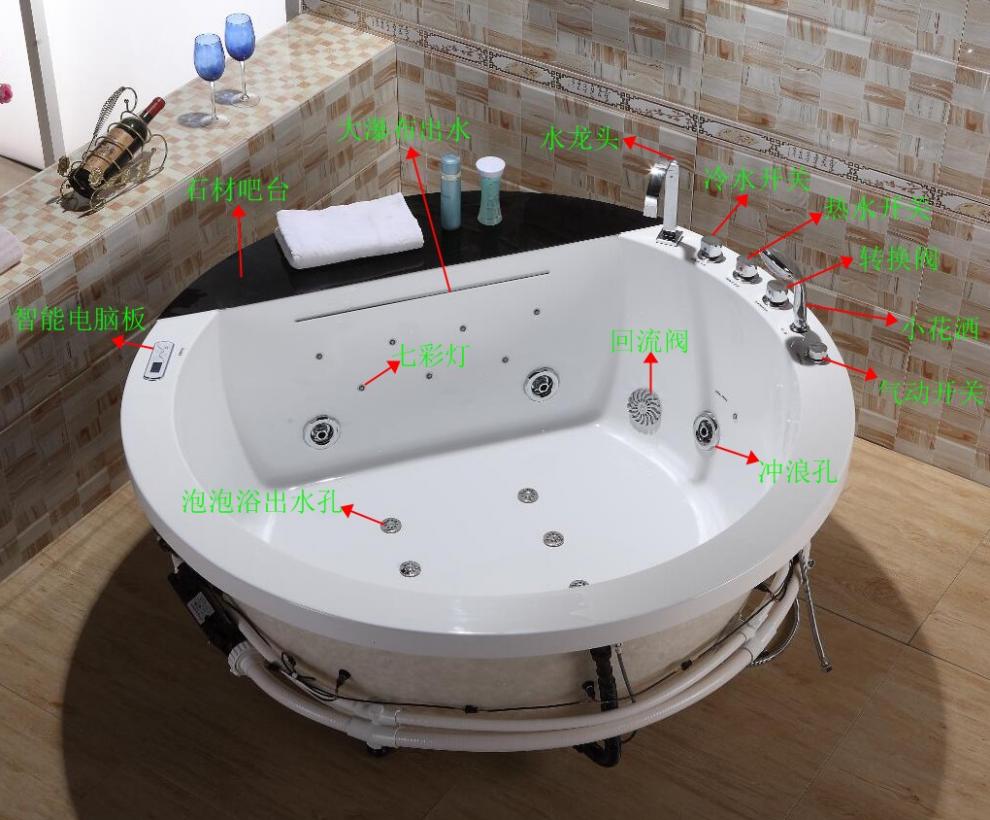 嵌入式浴缸亚克力圆形情侣双人冲浪按摩恒温泡泡浴池1.2米1.