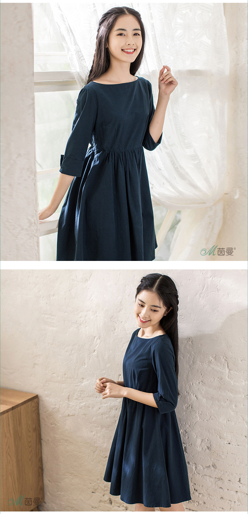 茵曼inman春装七分袖高腰连衣裙棉麻中长裙女装1861101094