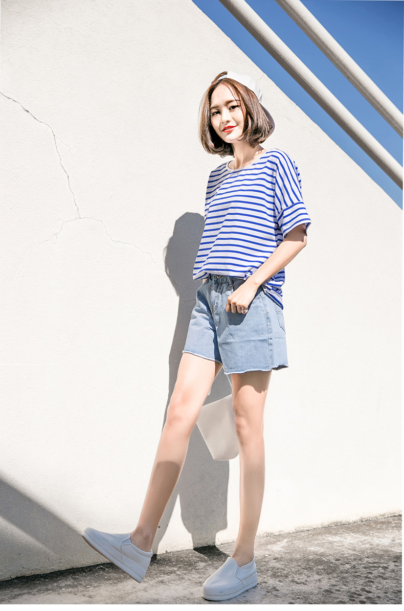 薇姬桑妮2017韩版女装蓝白条纹夏宽松学生短袖上衣纯棉半袖女t恤