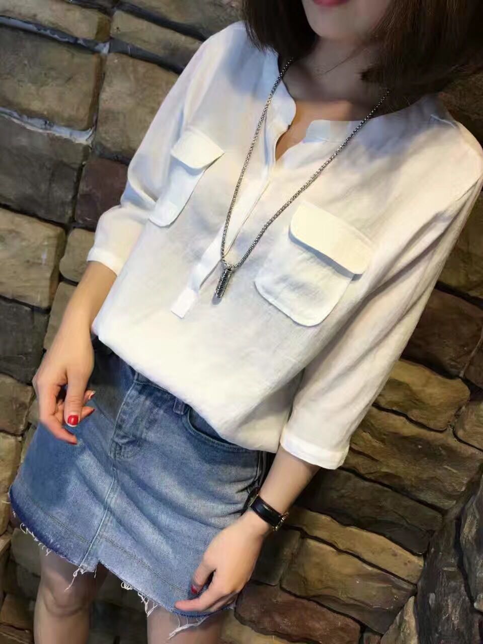 超级新品 828新款2017夏季新款外贸原单th女装双侧口袋七分袖套头衬衫