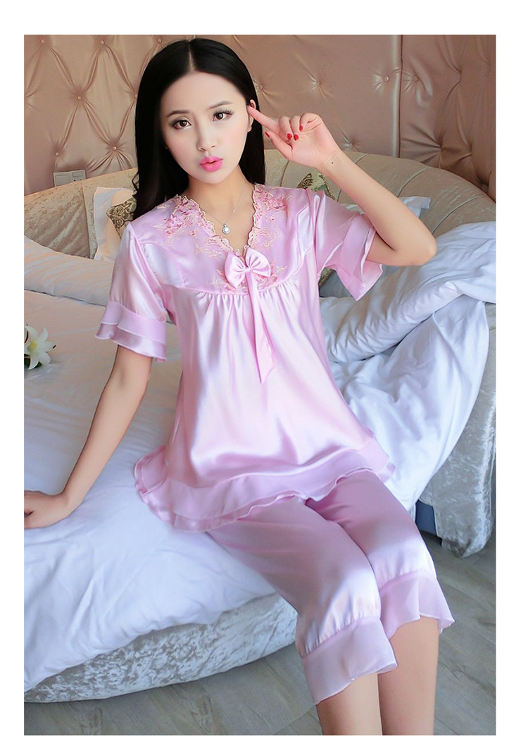 睡衣女夏季新品丝质睡衣休闲v领纯色蝴蝶结家居服套装