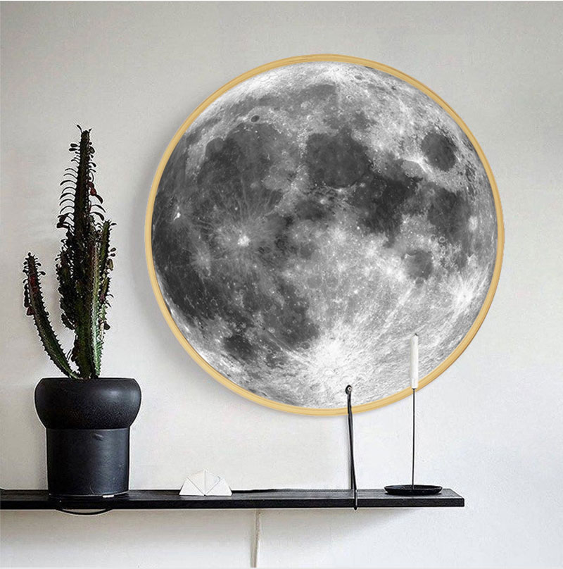 北欧月亮装饰画月球挂画客厅圆形木框壁