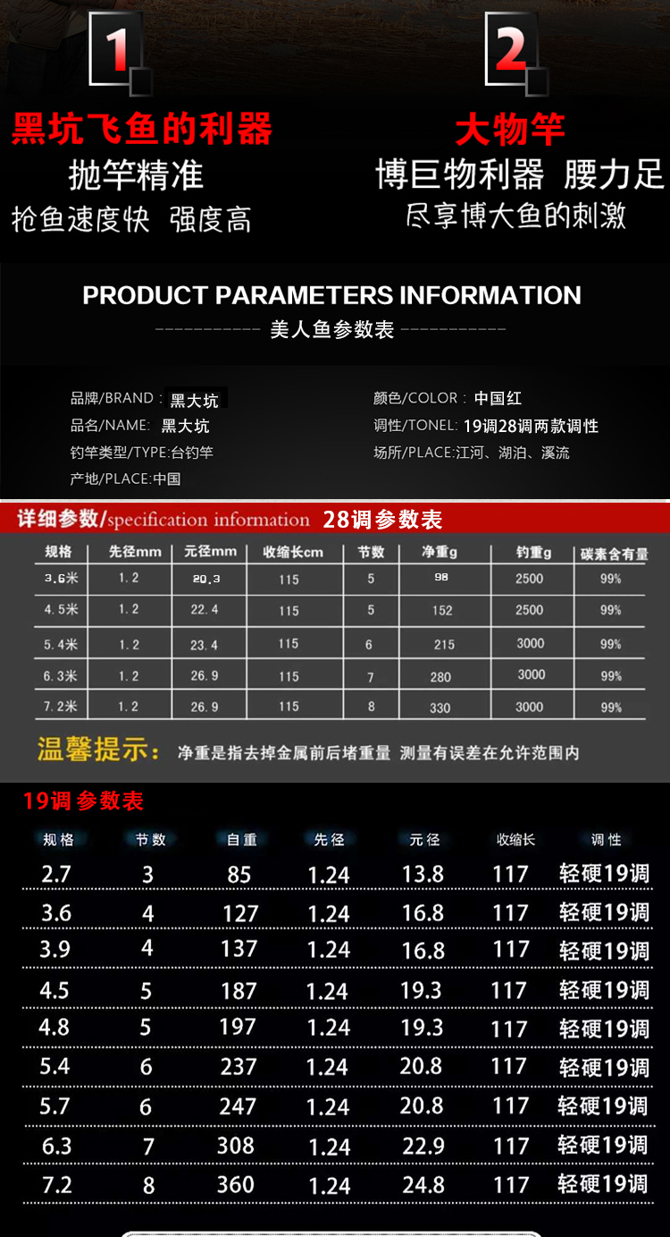 清仓美人鱼黑大坑钓鱼竿4.5 5.4米台钓竿6h19调战斗竿超轻硬竞技