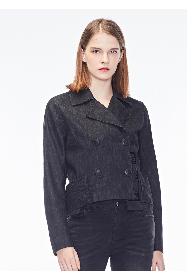 sdeer圣迪奥女装平驳领口贴布搭片短款牛仔外套