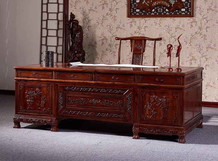 琪梦红木家具非洲酸枝木书桌明清古典雕花组合办公桌大班台