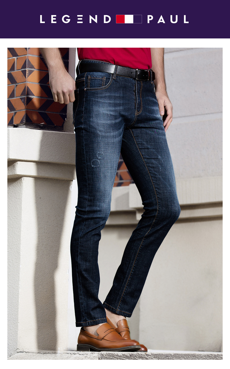 传奇保罗牛仔裤男夏季韩版时尚蓝色修身弹力直筒男裤819109