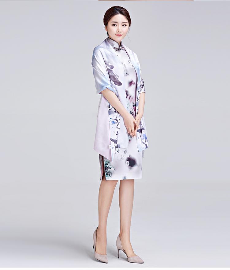 绣娘丝绸芙蓉映雪桑蚕丝手工旗袍长款水墨中式宴会灰色旗袍裙夏季