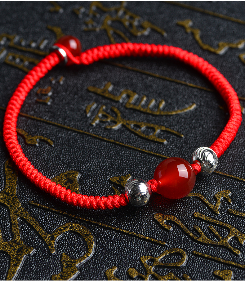石头记 狗年红绳手链女 水晶玛瑙手链 红色编织手链 银珠手链