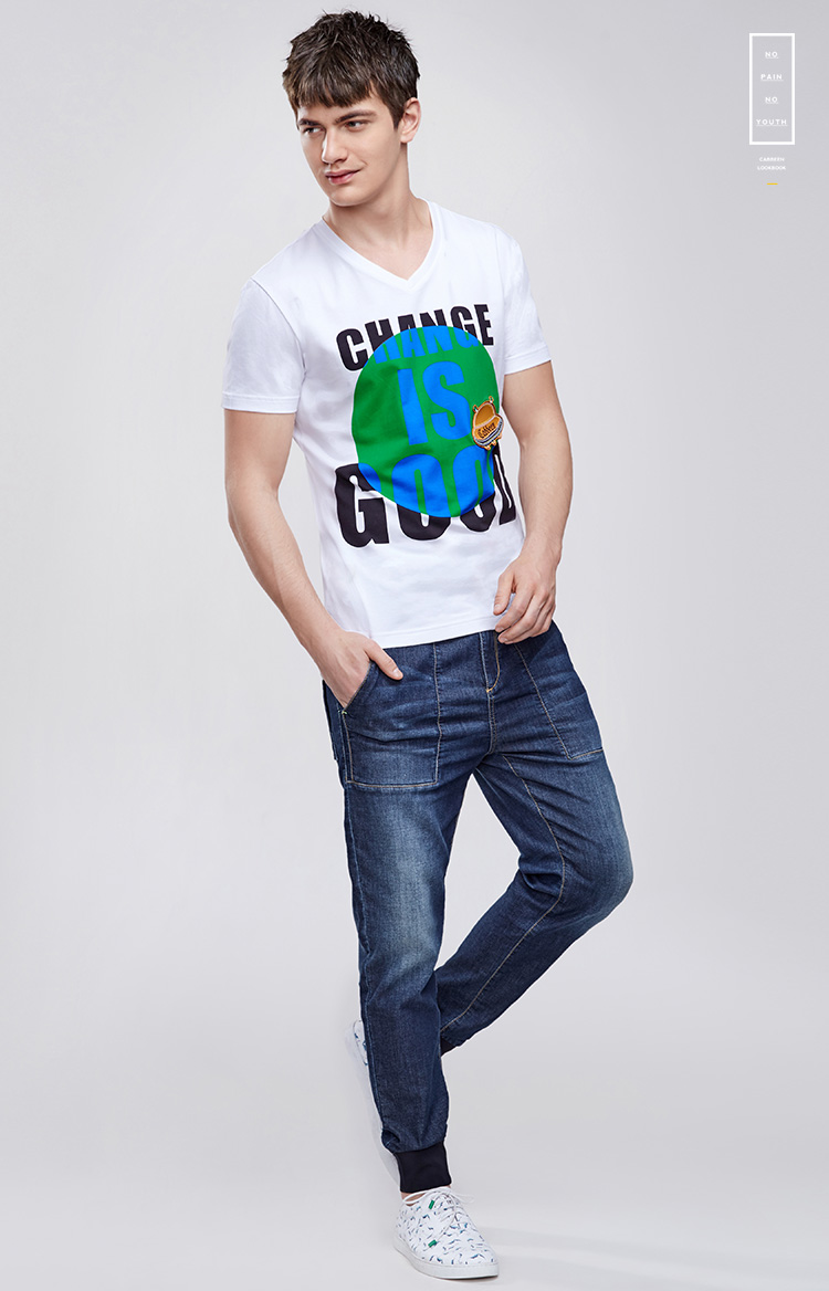 cabbeen男士t恤 卡宾夏季新款短袖t恤 男士弹力修身印花v领套头t恤b/3