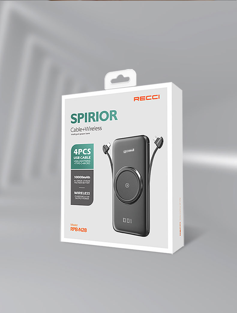 锐思recci铂睿rpbn28白色自带四根线无线充电大容量移动电源可上飞机