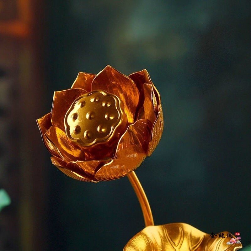 礼品之家鎏金彩绘佛前仿真莲花荷花佛堂供具摆件供佛花瓶佛教用品