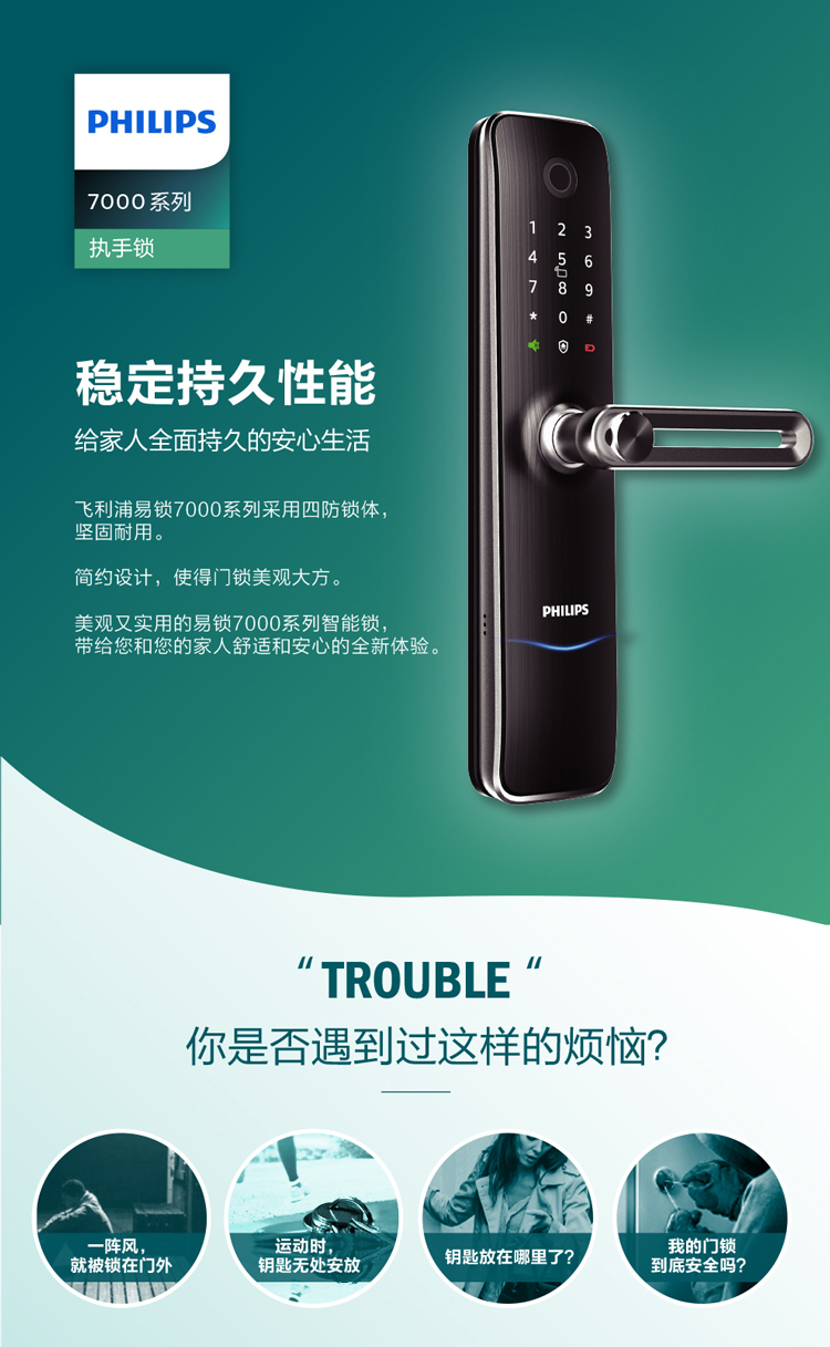 飞利浦(philips) 171指纹锁(珍珠银)7000系列执手式智能门锁家用防盗