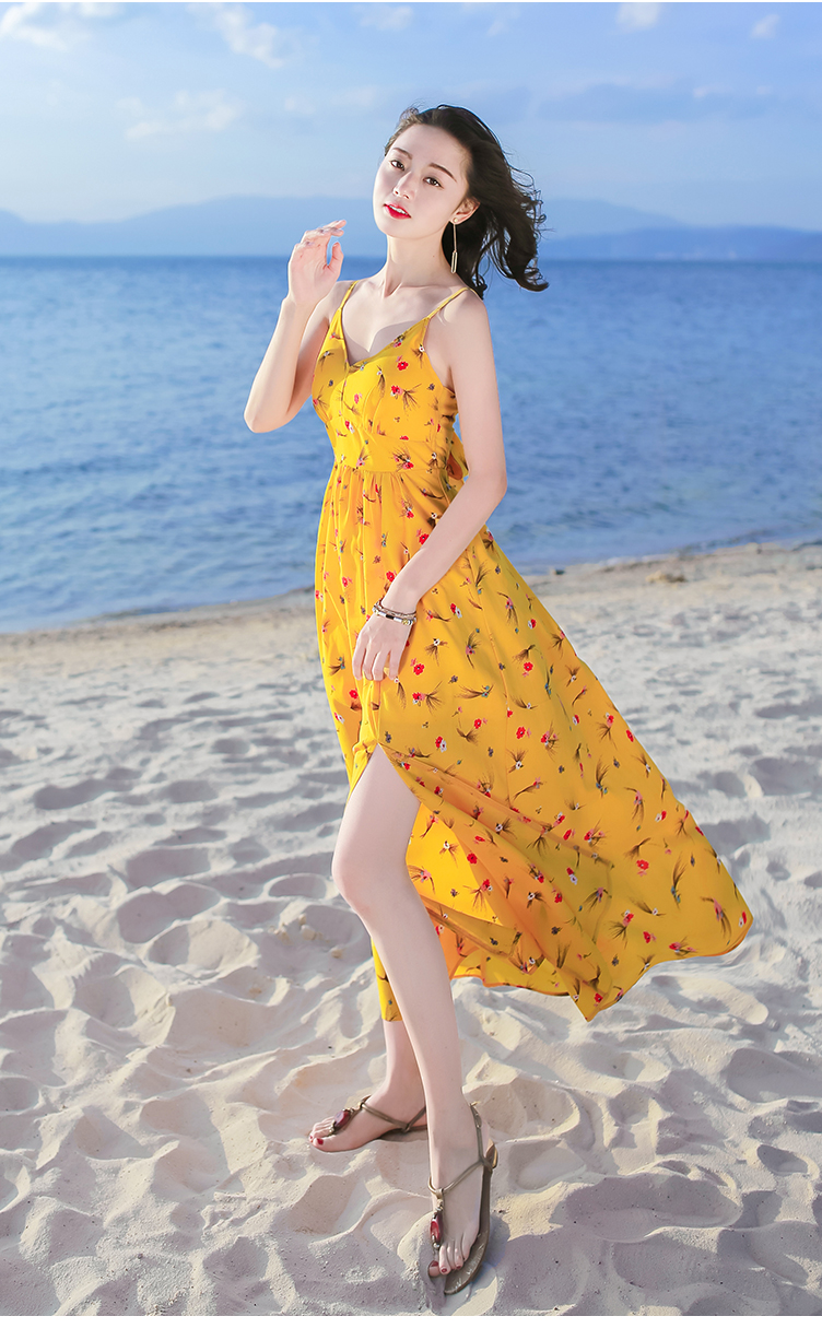 夏季新品女装无袖吊带雪纺连衣裙长裙波西米亚海边度假沙滩裙定制款