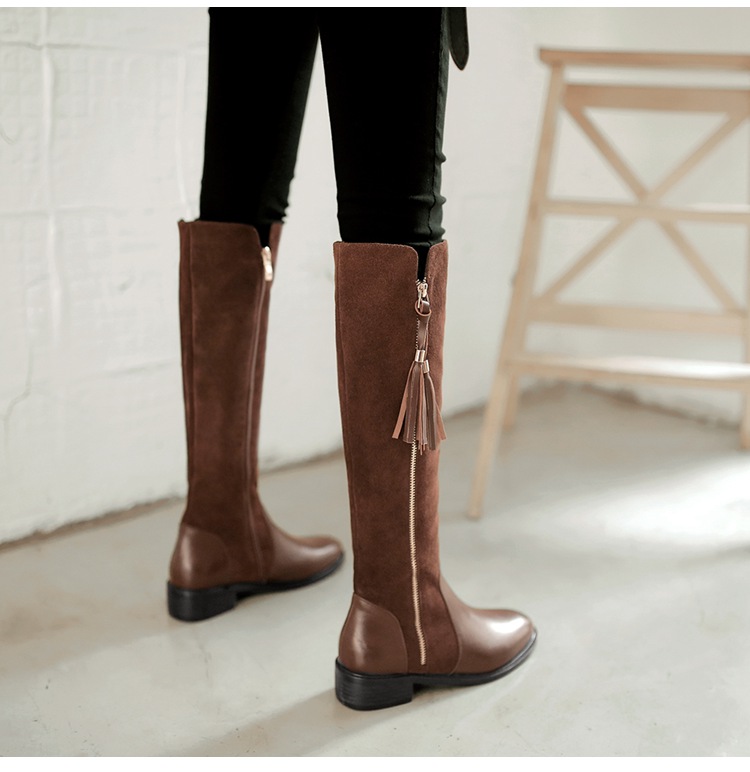 麦瑞思冬季新款加绒韩版显瘦平底高筒靴真皮磨砂皮平跟长靴骑士靴女