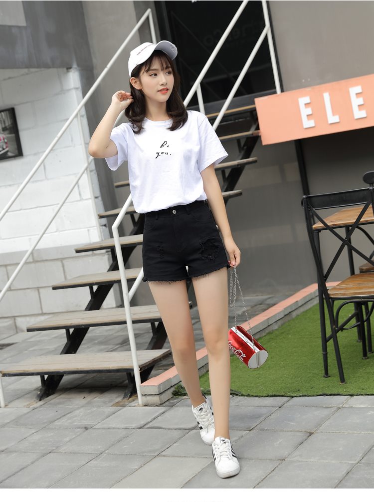 mtiny白色超短裤女夏新款牛仔裤百搭高腰a字韩版破洞宽松显瘦学生