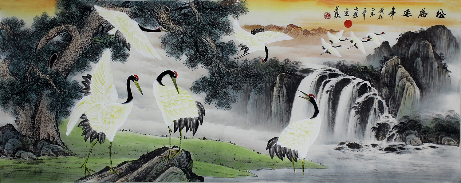 手绘小六尺国画山水精品松鹤延年风水画送礼收藏装饰字画