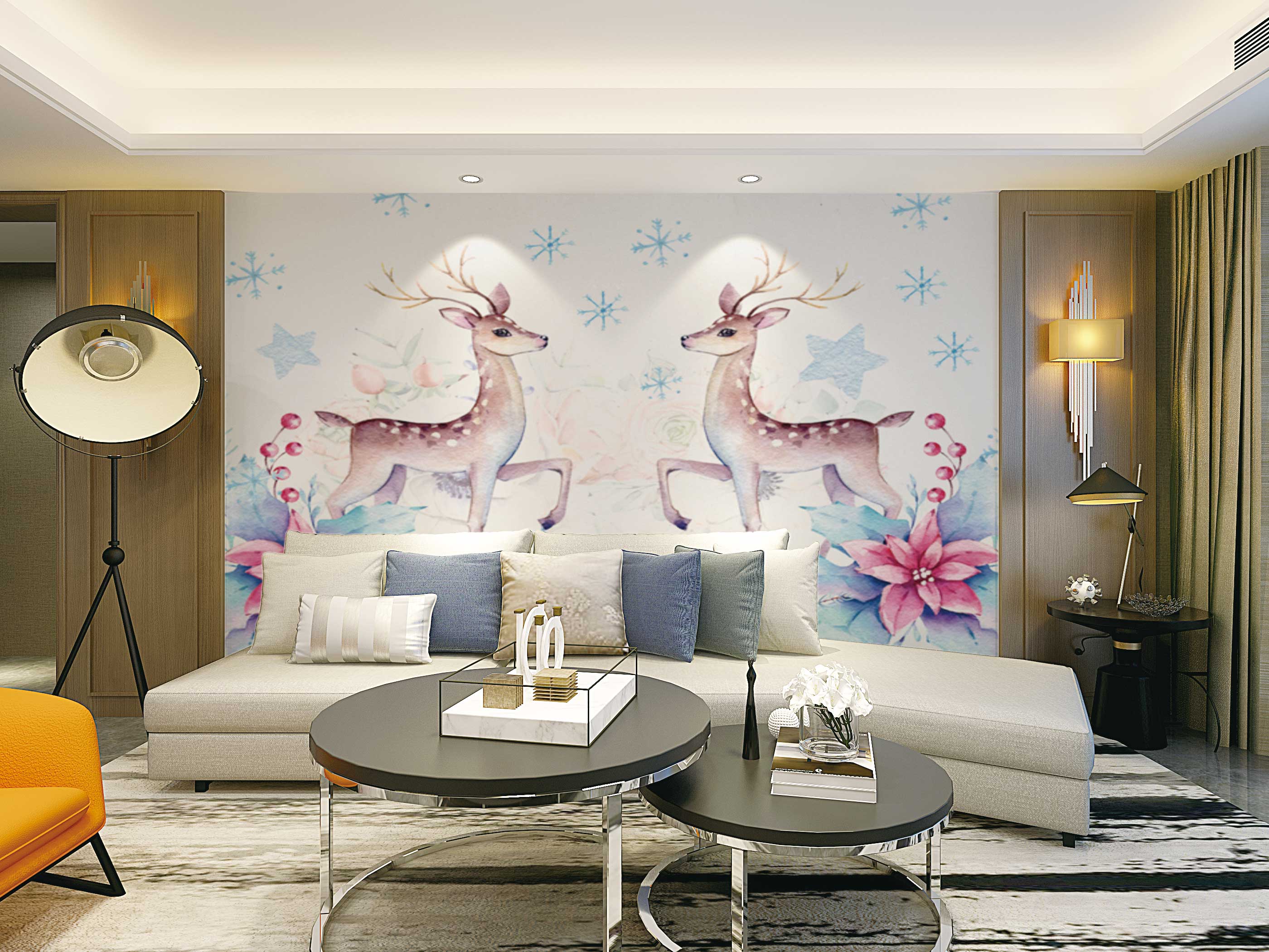 手绘北欧麋鹿墙布田园花卉电视背景墙壁纸3d客厅卧室沙定制壁画壹德壹