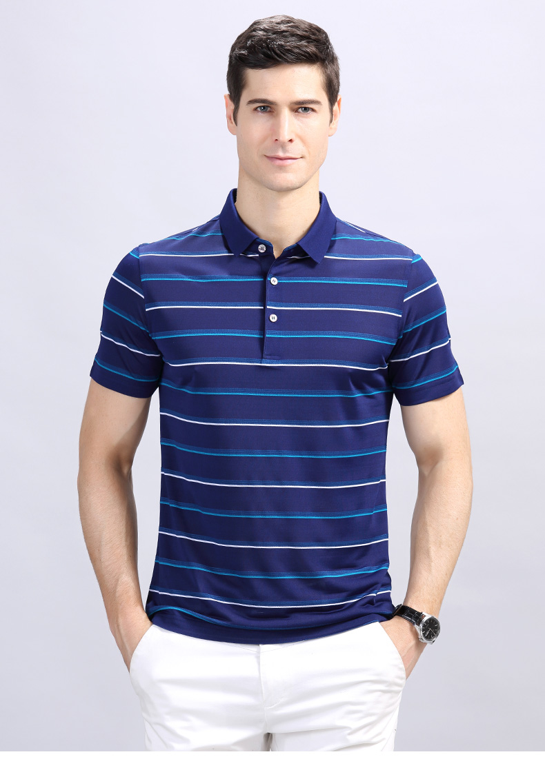 男装polo衫培罗蒙夏装新款桑蚕丝t恤男短袖商务翻领条纹t恤衫薄款冰丝