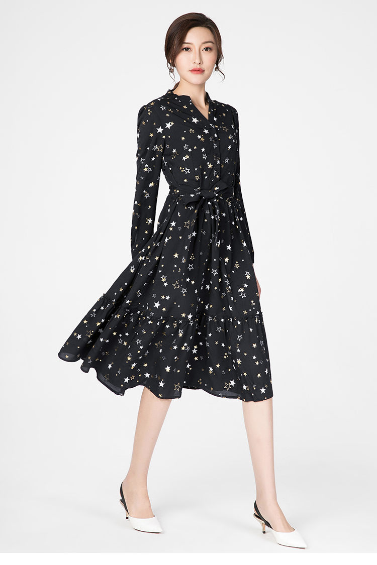 逸阳女裤逸阳春夏时尚星星雪纺长袖修身长款衬衫连衣裙女1616k