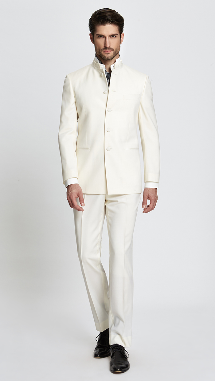 阳光定制100%羊毛 白色领口刺绣 中山装 简版男式青年装