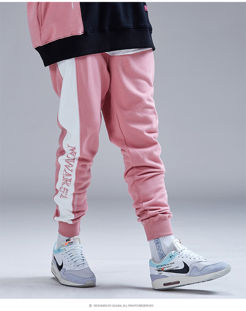 guuka粉色运动卫裤男宽松学生日系纯棉撞侣嘻哈束脚裤男潮牌