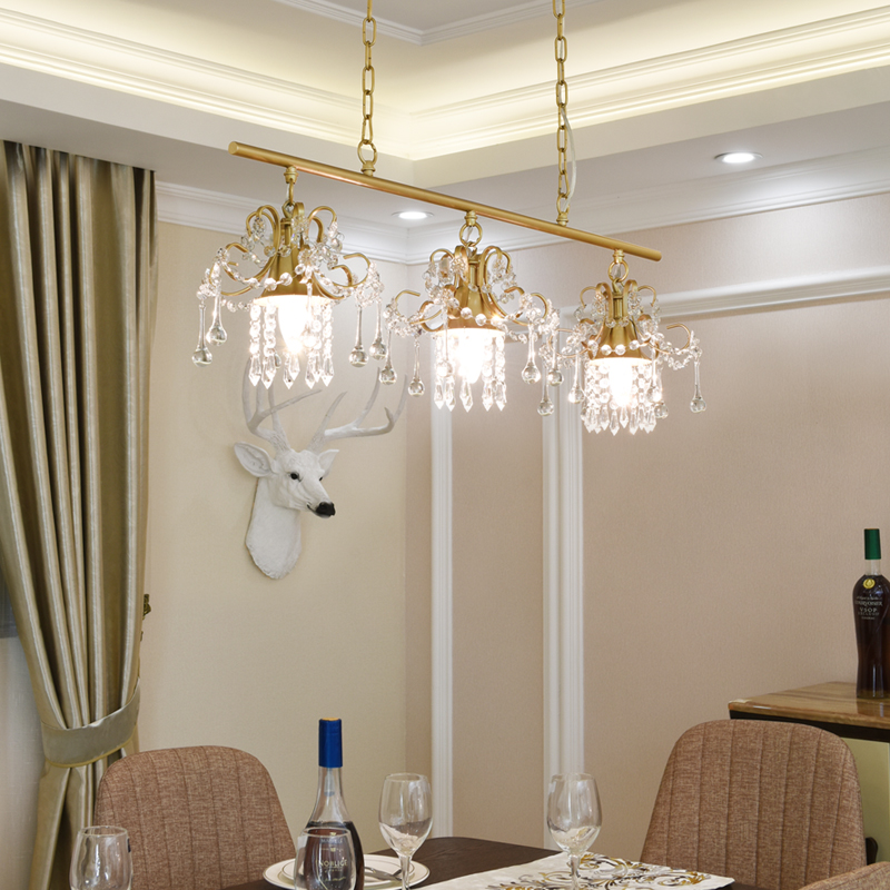 美式餐厅灯灯三头灯水晶现代简约法式饭厅灯简欧式水晶餐灯