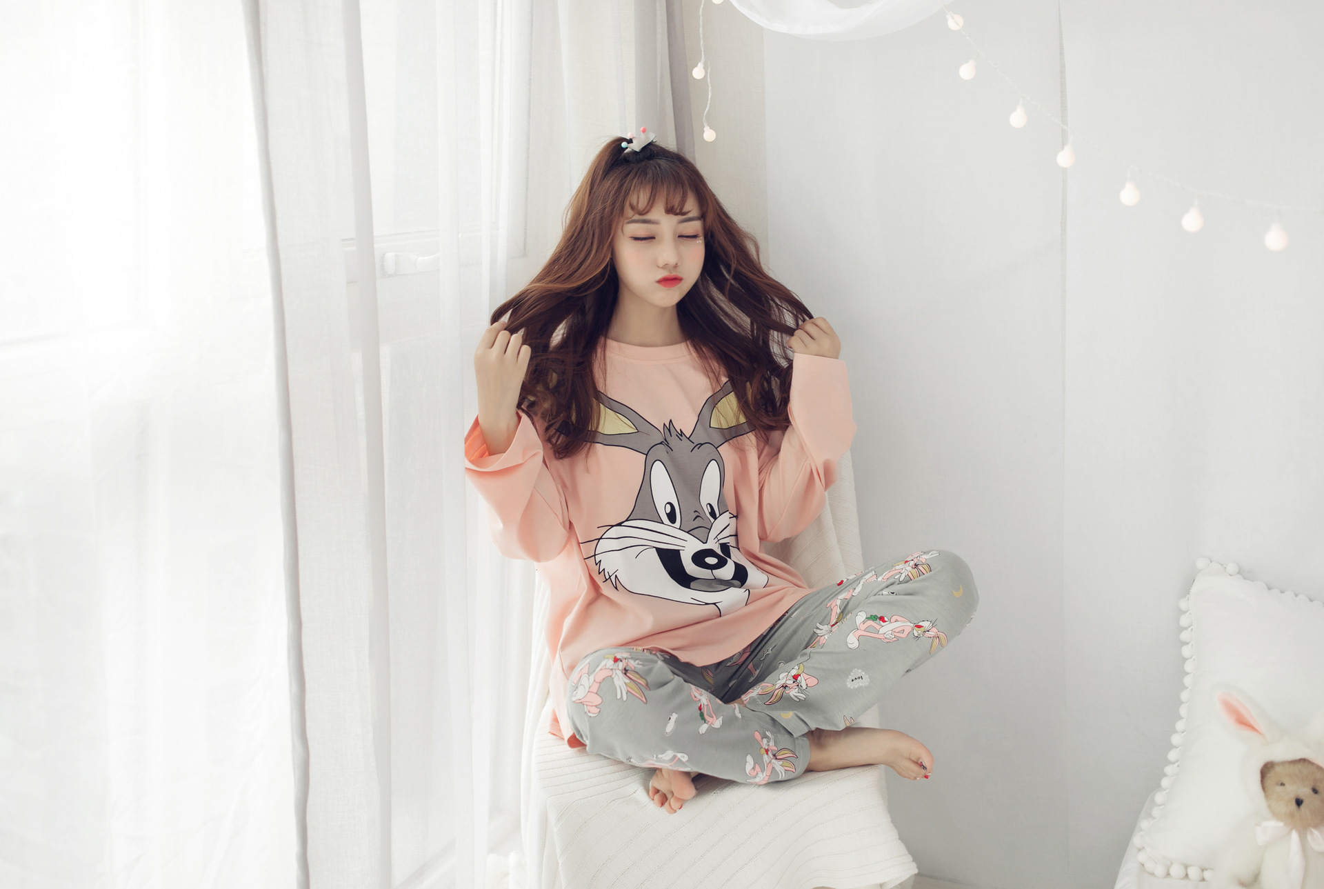 春季新款卡通可爱大白兔针织棉睡衣女士可外穿舒适长袖家居服套装