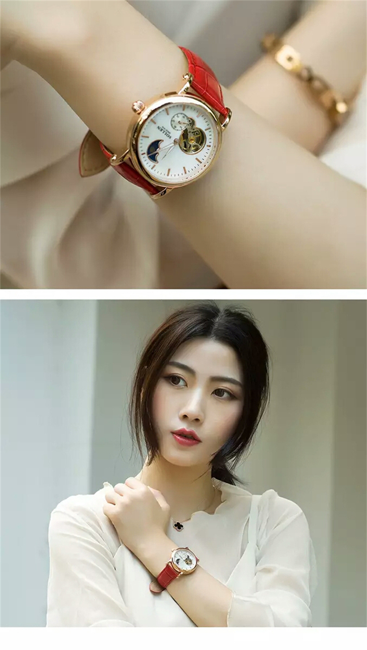 【梭伦(sollen)机械表sl401】 梭伦(sollen)女士手表月相表盘皮带镂空