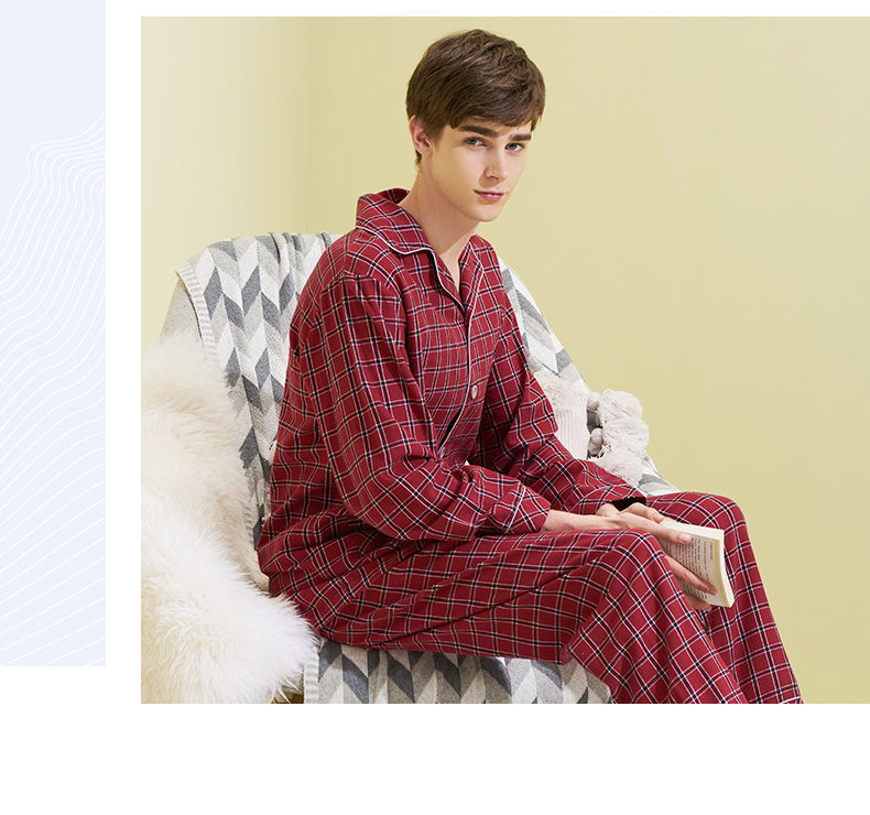 三枪家居服男纯棉2019秋冬彩格绒布格纹睡衣开襟翻领男士居家套装8051