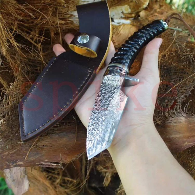 spike大马士革刀vg10钢羊角手柄手工锻锻打小直刀猎刀军刀收藏礼品刀