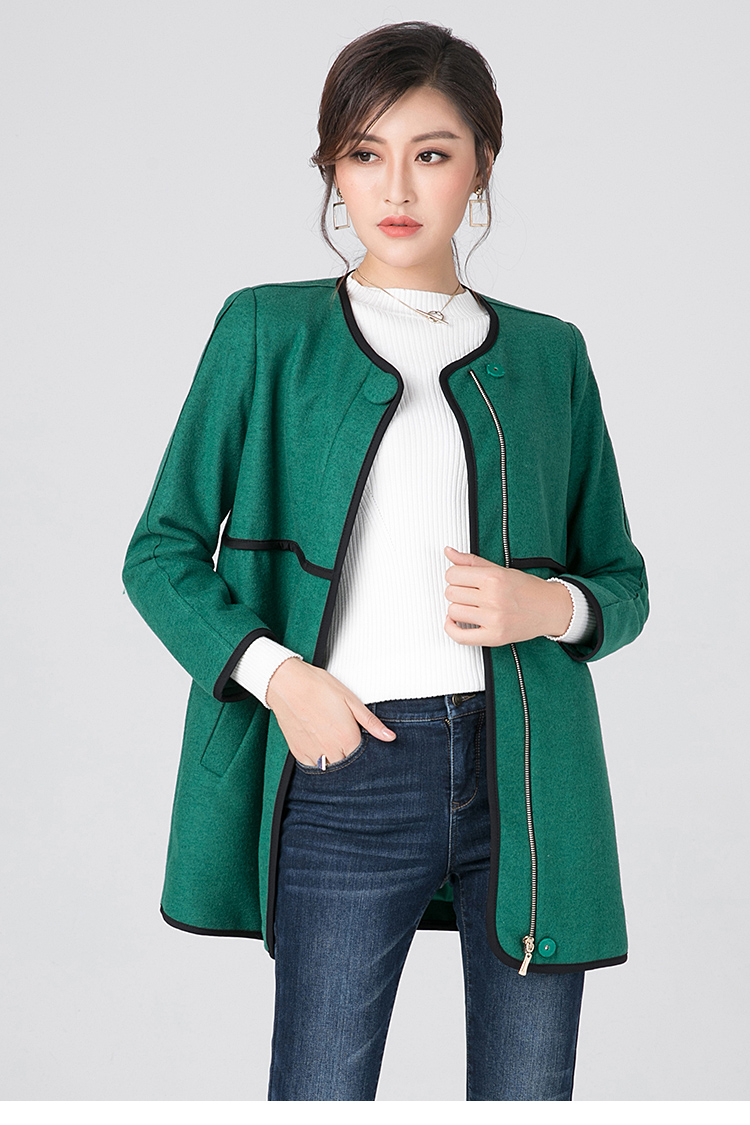 逸阳(esey)女士大衣 清仓2018秋季新款拼接拉链圆领中长款羊毛呢子