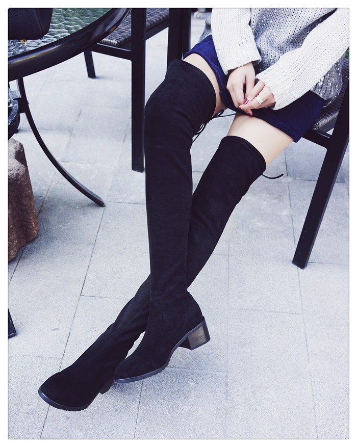 彭姐弹力真皮绒瘦腿系带过膝靴圆头中跟长靴子女式长靴