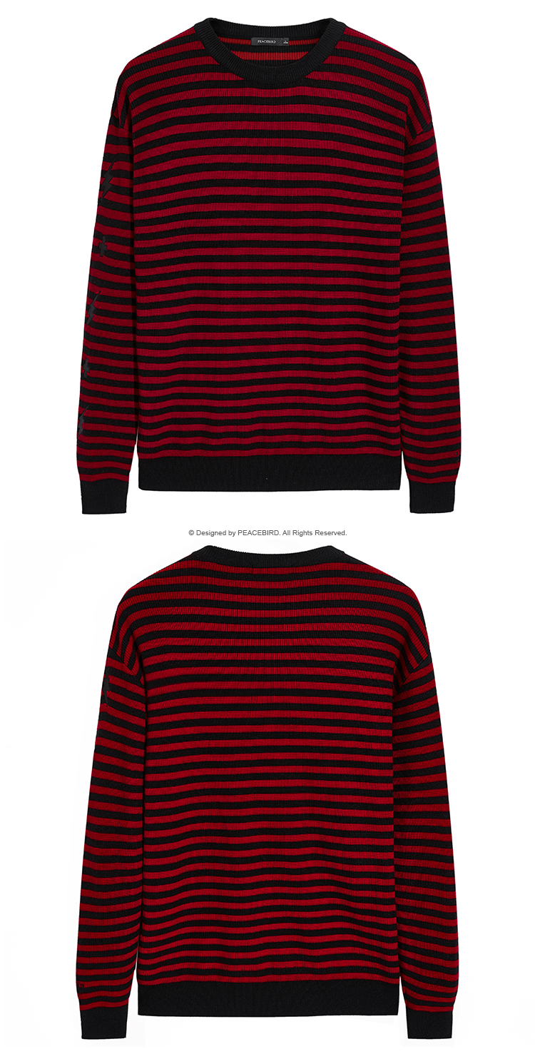 太平鸟男装冬季黑红撞色时尚条纹长袖针织衫毛衫