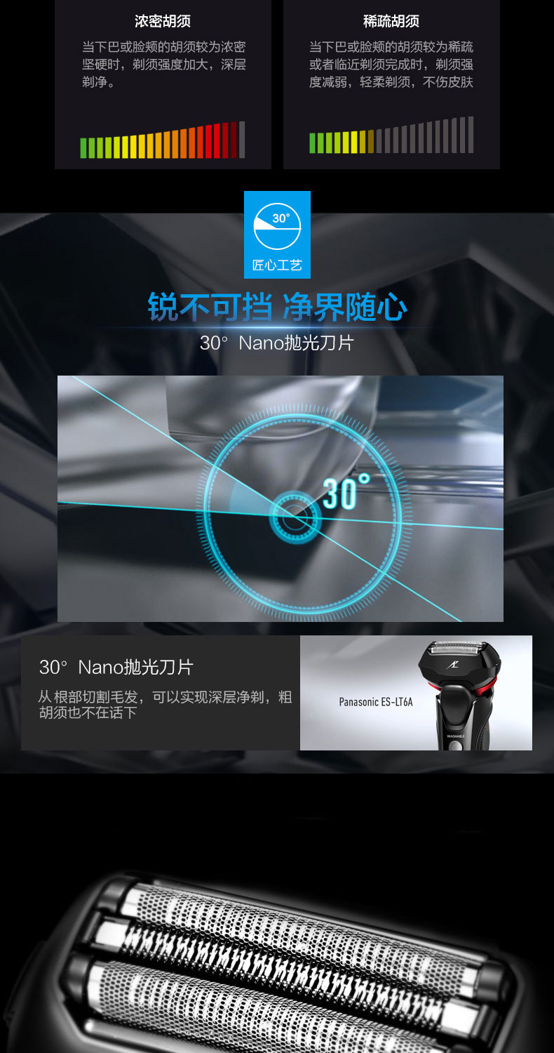 松下（Panasonic）电动剃须刀ES-LT2A-K 日本进口智能三刀头5分钟快充 刮胡刀全身水洗