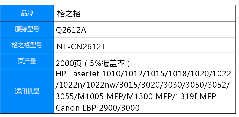 格之格NT-CN2612T黑色 适用惠普hp1010 1020 3015 3020 3030 M1005MFP 碳粉盒