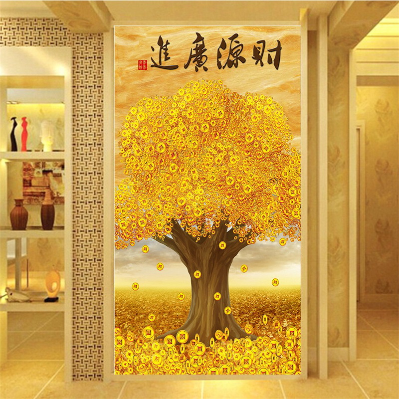 3d立体摇钱树发财树玄关背景墙墙纸壁画黄金满地财源广进壁纸墙布无缝