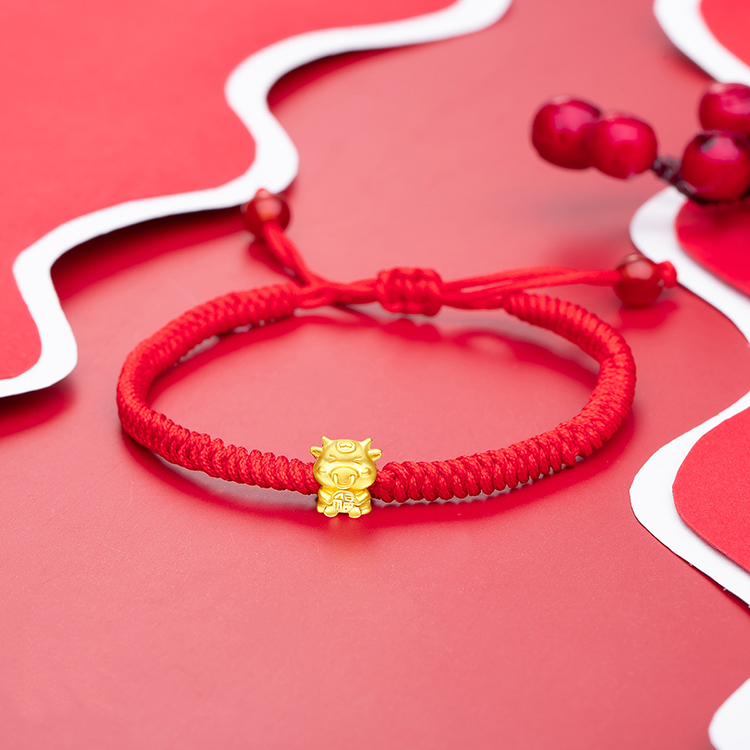 手链/脚链 老庙黄金 3d硬金无氢五福牛之福字福气牛红绳手绳【价耨