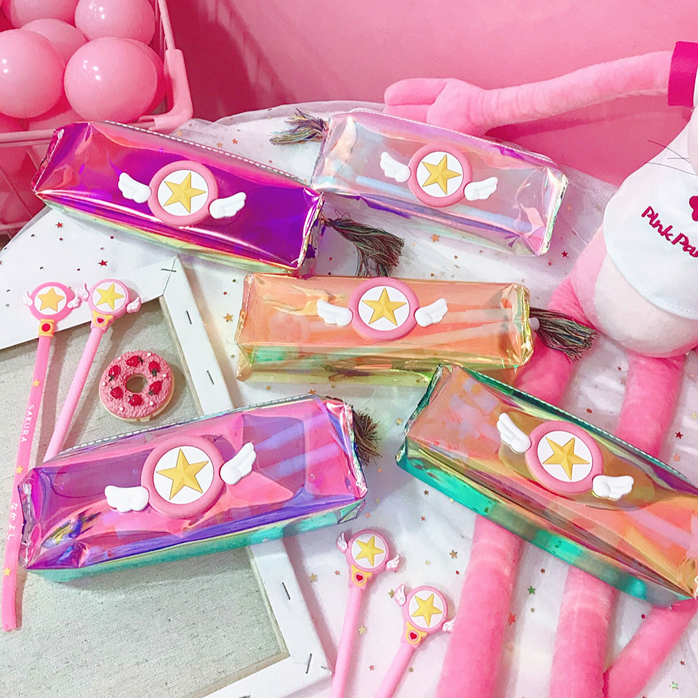 b个性镭射彩色透明笔袋日系少女心小樱笔袋流苏笔袋办公文具收纳袋