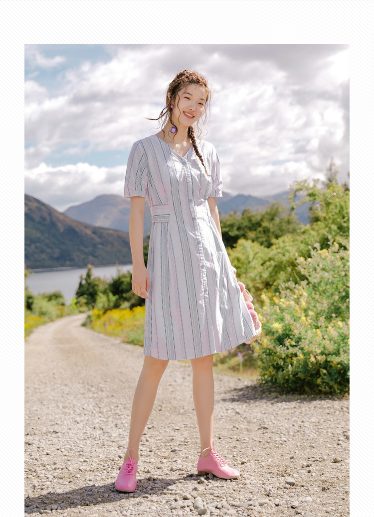 茵曼裙子女2019夏季新款文艺清新v领条纹衬衫收腰连衣裙女中裙