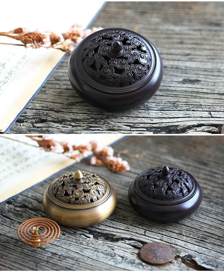 平底镂空香炉家用室内摆件熏香炉黄铜古藤款