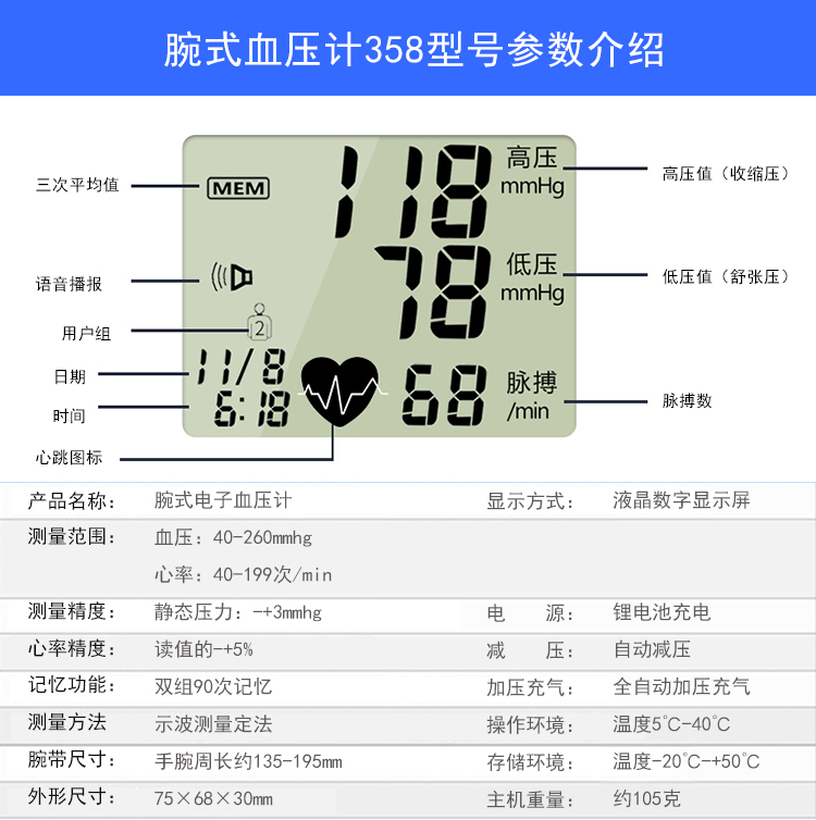 长坤(changkun)电子血压计 w358全自动手腕式测量血压器全自动血压仪