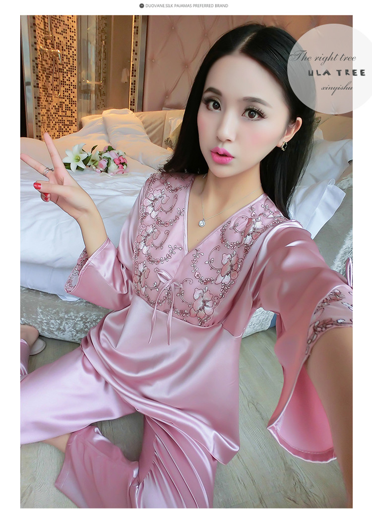 睡衣女春季新品丝质睡衣休闲纯色高贵优雅花朵家居服套装