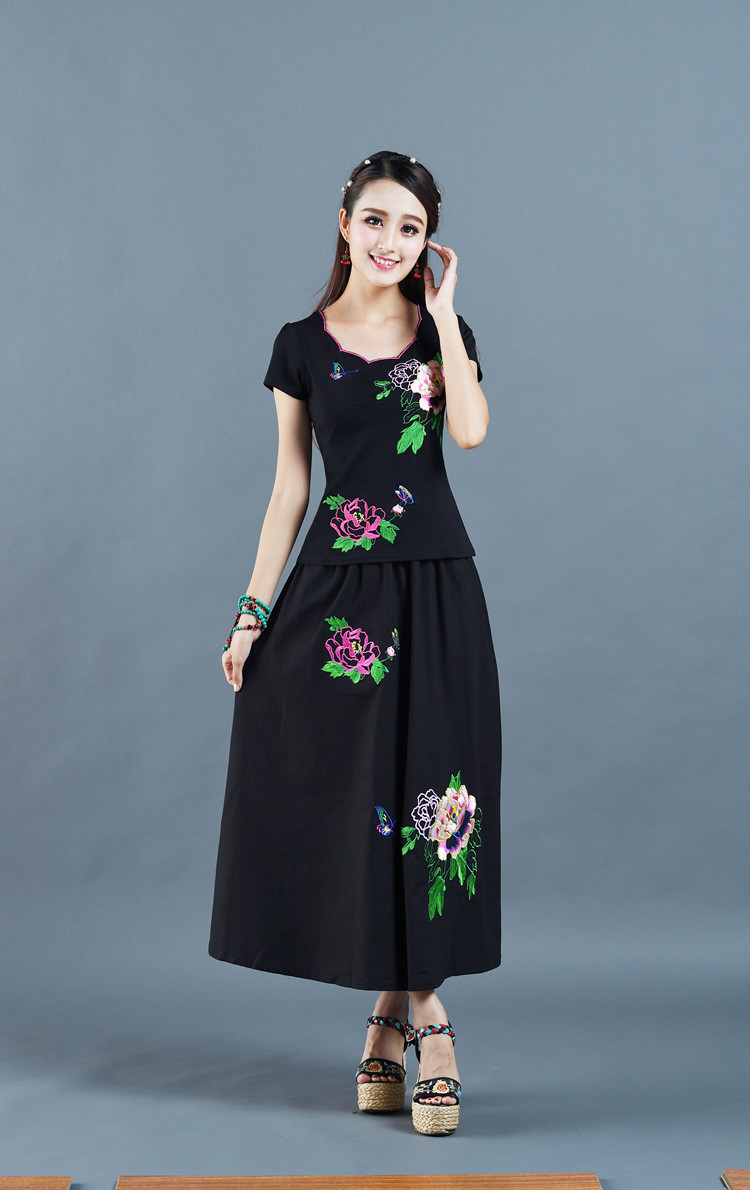 qma新款天天特价民族风棉麻裙女装刺绣花半身裙中国风长裙绣花裙大摆