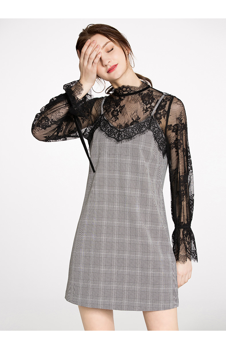 osa欧莎2018春装新款女装性感格子吊带连衣裙