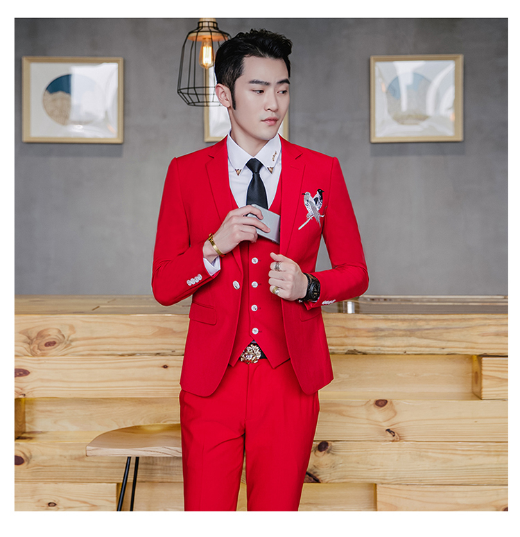 newlake中国风大红色西服套装男修身本命年新郎结婚韩版西装两件套潮