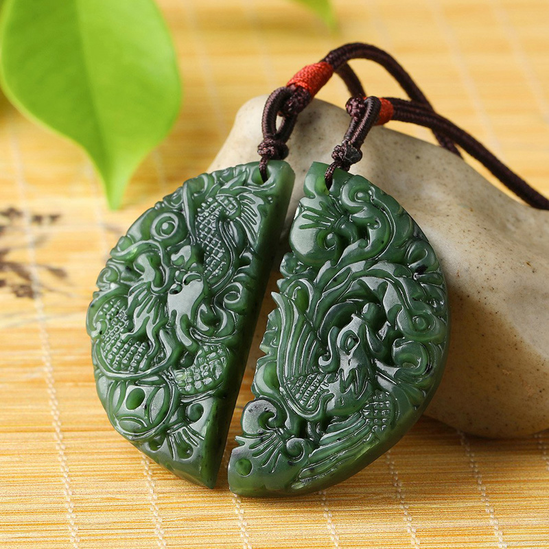 天然和田碧玉圆牌龙凤对牌挂件