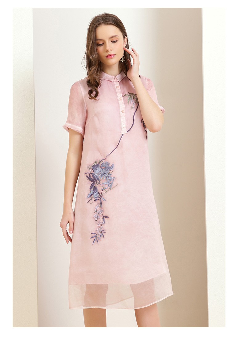 金菊女装春夏新款女士真丝连衣裙宽松显瘦桑蚕丝绣花长裙中国风短袖