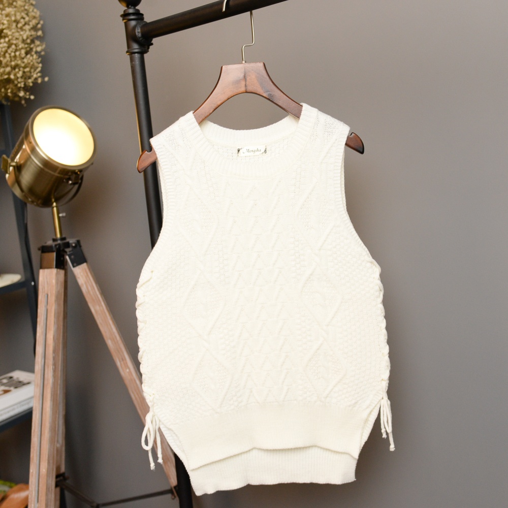 qma新款秋冬新款无袖坎肩套头系带毛线背心韩版百搭针织毛衣马甲外套